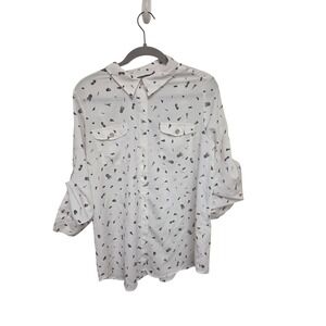 Karl Lagerfeld Paris White Novelty Cat Print Long‎ Sleeve Button Down Top